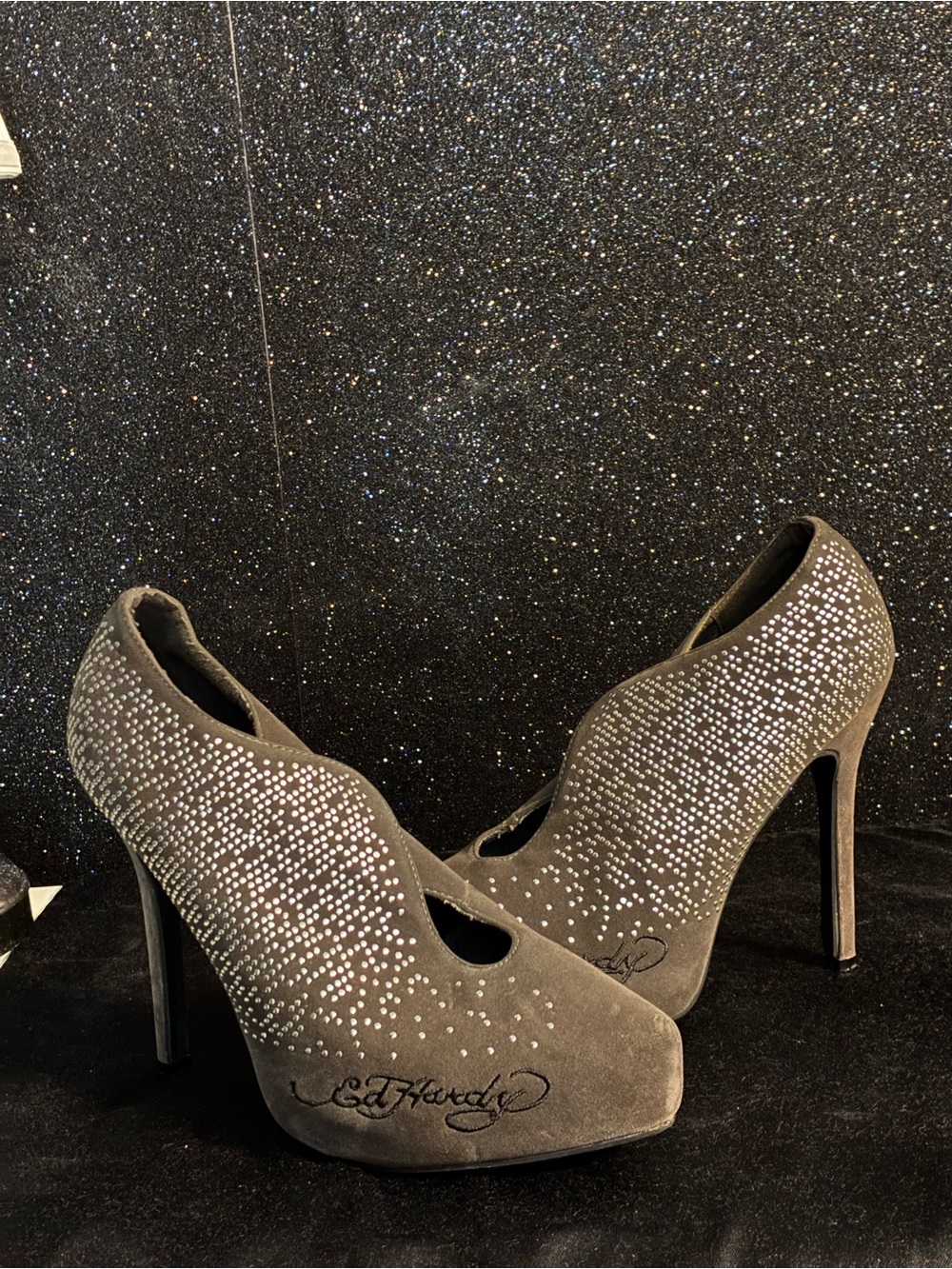 Ed Hardy Gray Suede Crystal-Studded Platform Stiletto Pumps